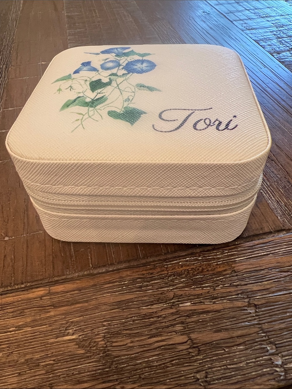 White Jewelry Travel Case with Blue Floral Accent